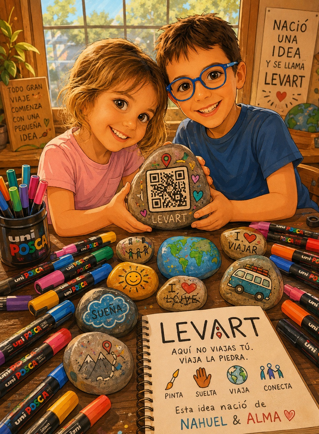 Nahuel y Alma, creadores de la idea de LEVART, pintando piedras viajeras