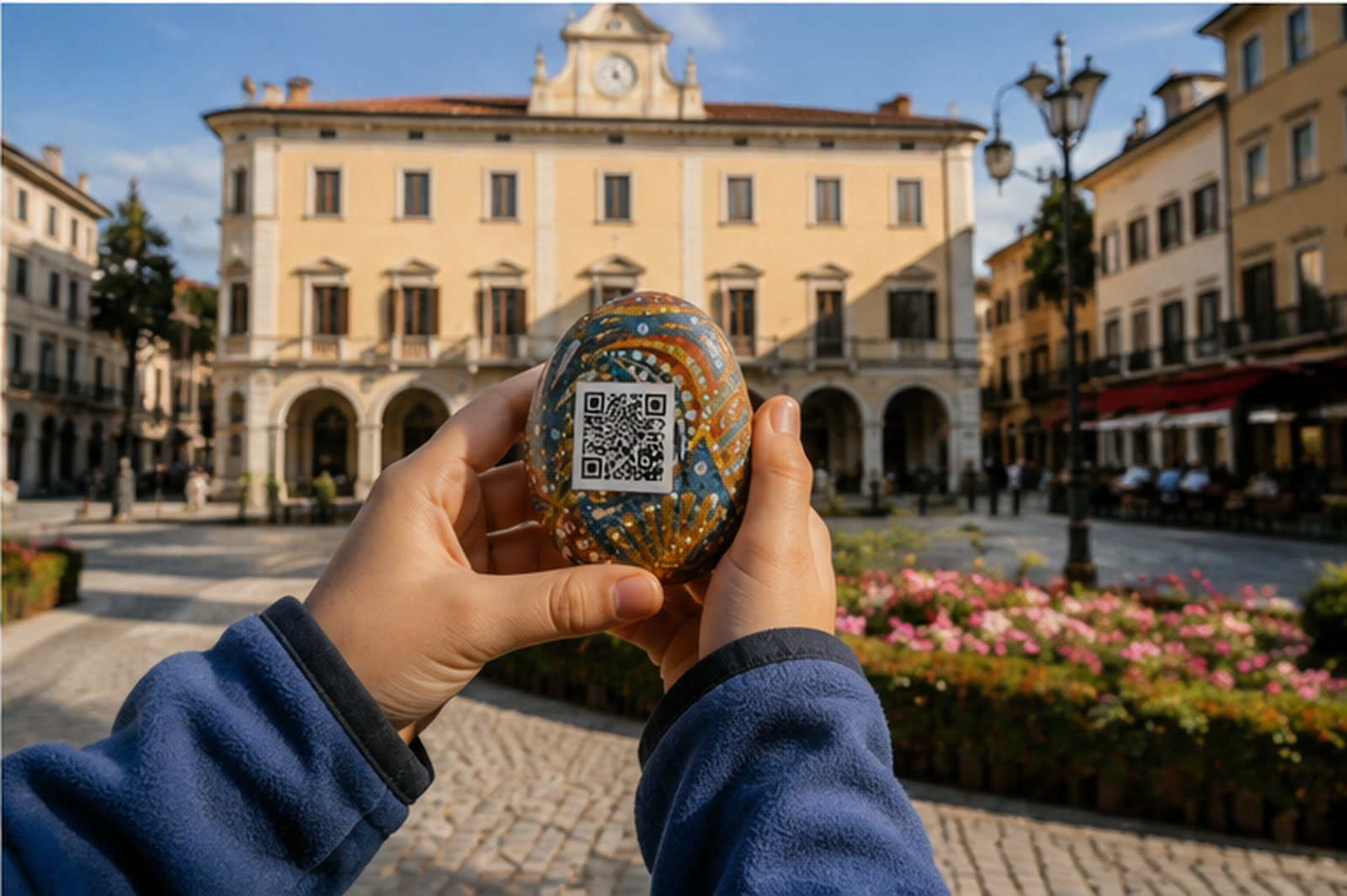 Una mano sujeta una piedra pintada con un QR frente a un paisaje al atardecer