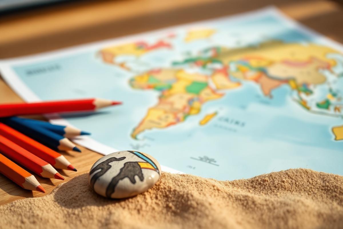 Piedra pintada junto a un mapa del mundo y lápices de colores sobre un pupitre