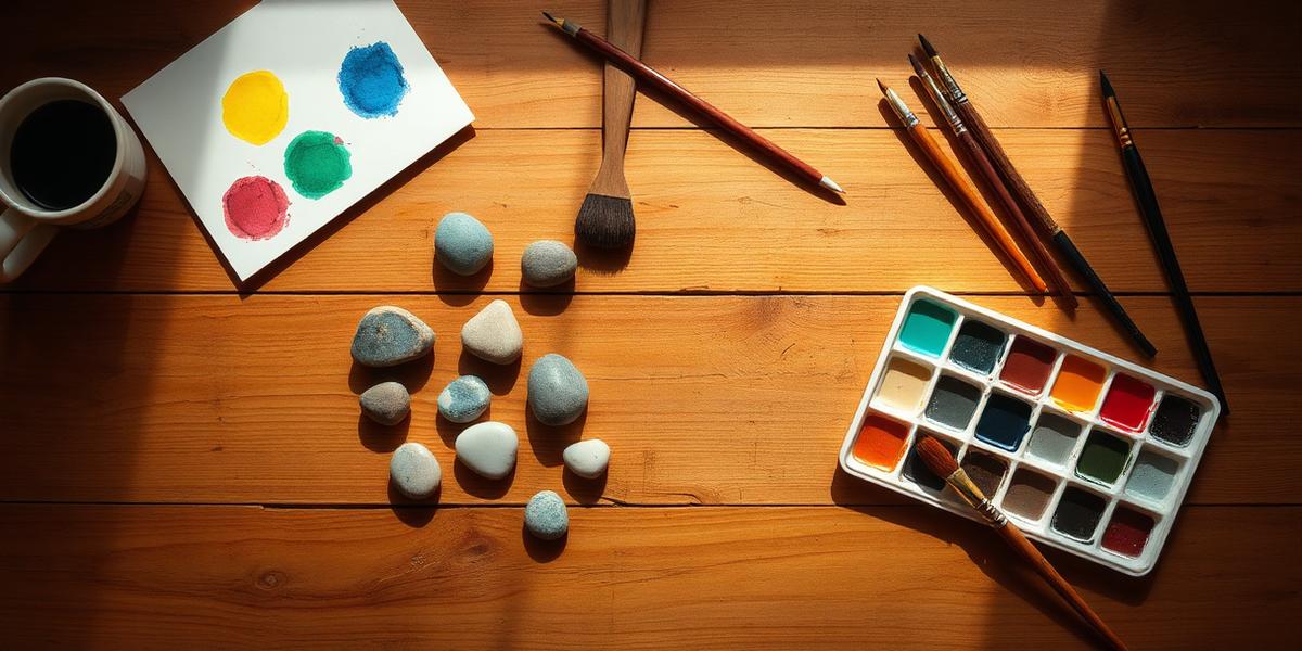 Piedras y pinceles sobre una mesa
