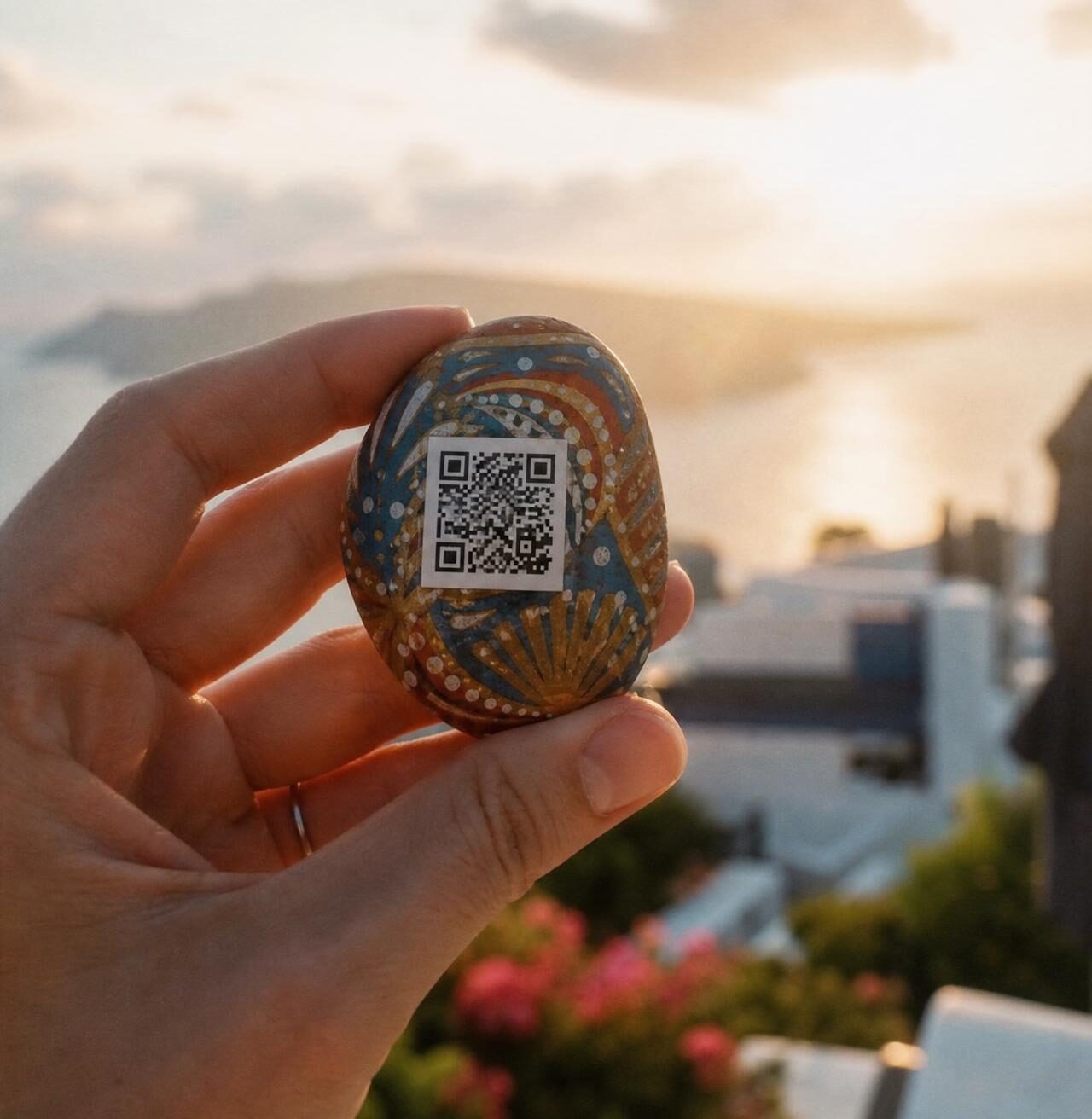 Una mano sujeta una piedra pintada con un QR frente a un paisaje al atardecer