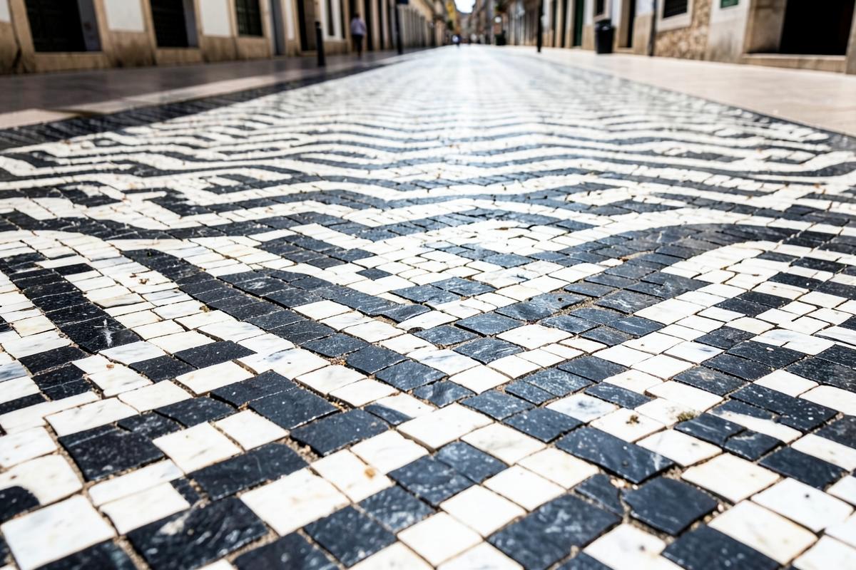 Mosaico de calçada portuguesa en blanco y negro con motivo de olas en Lisboa