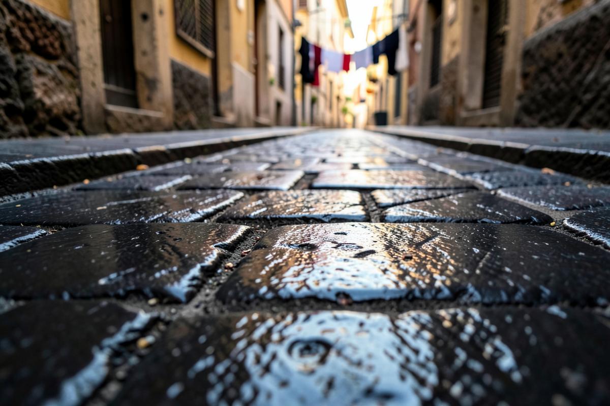 Basoli oscuros de piedra volcánica en una calle del centro histórico de Nápoles