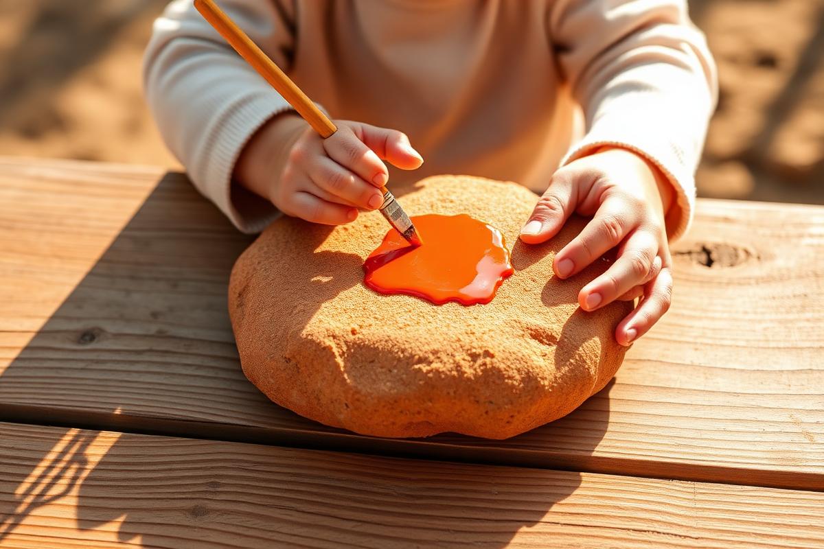 Manos de un niño pintando una piedra lisa sobre una mesa de madera