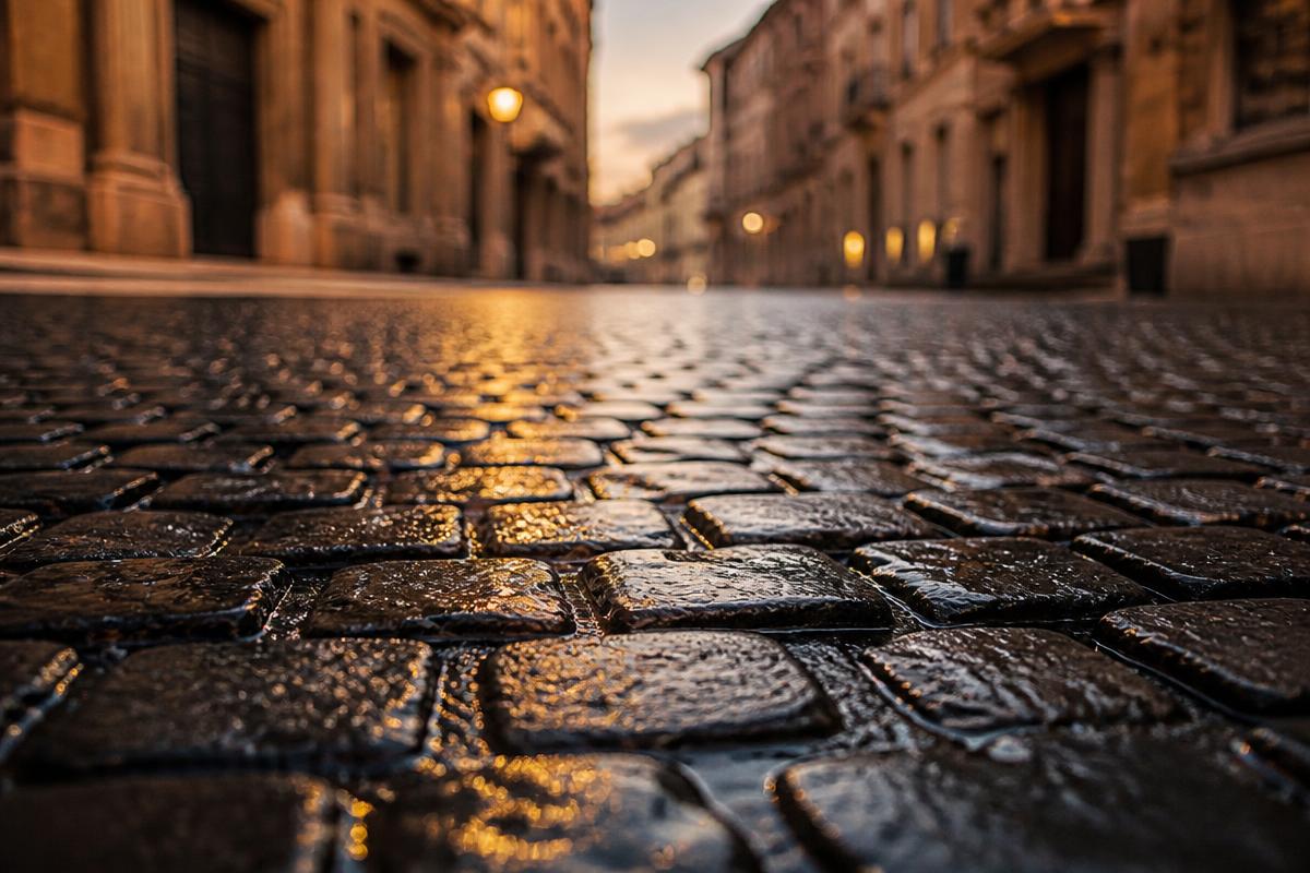 Sampietrini romanos mojados por la lluvia reflejando la luz de una calle histórica